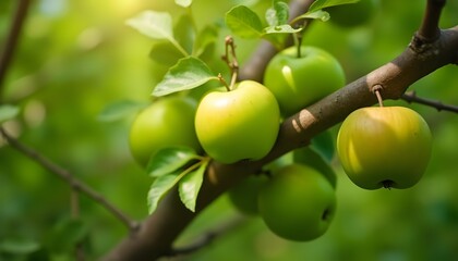 Two fresh green apples hanging from a branch, surrounded by vibrant green leaves. This close-up image captures the essence of nature and healthy living, making it perfect for food, wellness