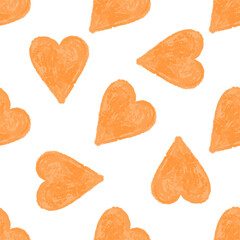 Seamless pattern with orange crayon hearts on white background in doodle style