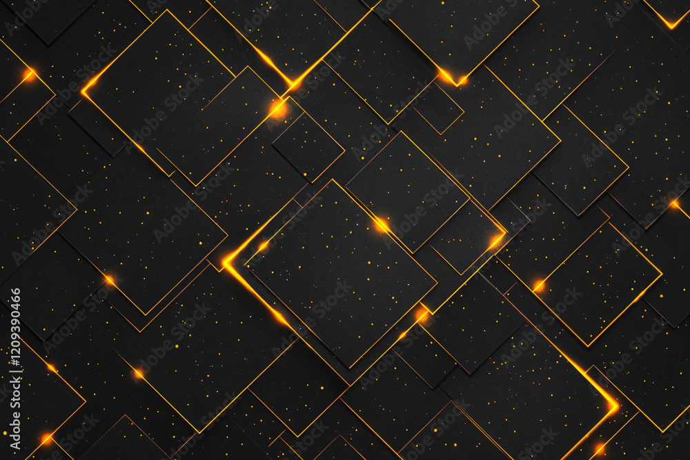 Poster a dynamic abstract geometric pattern with radiant yellow lines intersecting on a matte black backgro