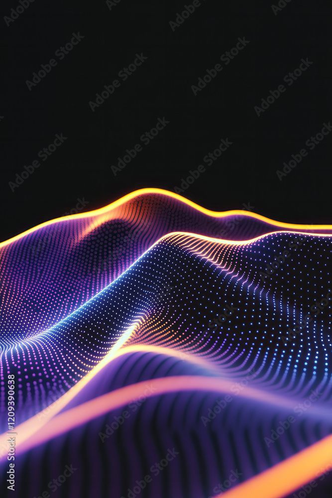 Poster an abstract purple dotted wave with pulsating neon lights, creating a sense of movement and energy a