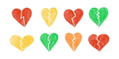 Set of broken crayon hearts in different colors on white background