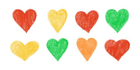 Set of colorful crayon hearts in different colors on white background