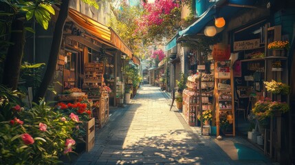 Naklejka premium Charming alleyway filled with vibrant flowers and quaint shops in a sunny setting.