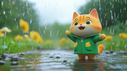 Obraz premium A cute cartoon orange kitten in a green raincoat, standing in the rain, surrounded by falling droplets, while looking around with a cheerful expression.