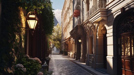 Fototapeta premium Charming alleyway illuminated by vintage lamps, featuring beautiful architecture and greenery.