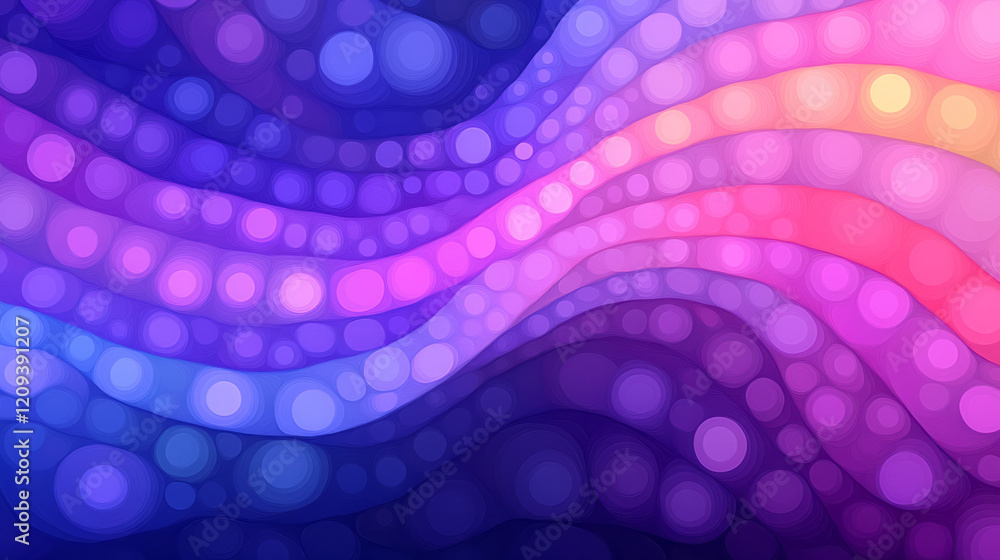 Poster a dynamic abstract wave of purple dots enhanced by neon luminescence, creating a vibrant and energet