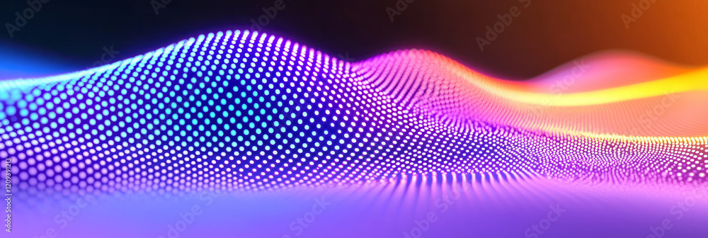 Poster a captivating wave pattern of purple dots with bright neon accents, creating a sense of fluidity and