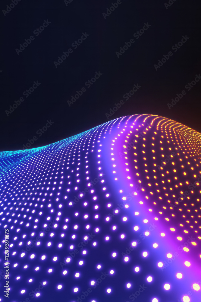 Poster a vibrant and dynamic purple dotted wave with neon glow effects, creating a mesmerizing flow against