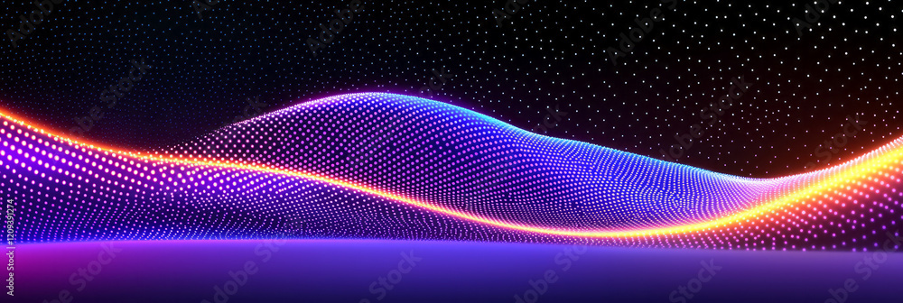 Poster a captivating wave pattern of purple dots with bright neon accents, creating a sense of fluidity and
