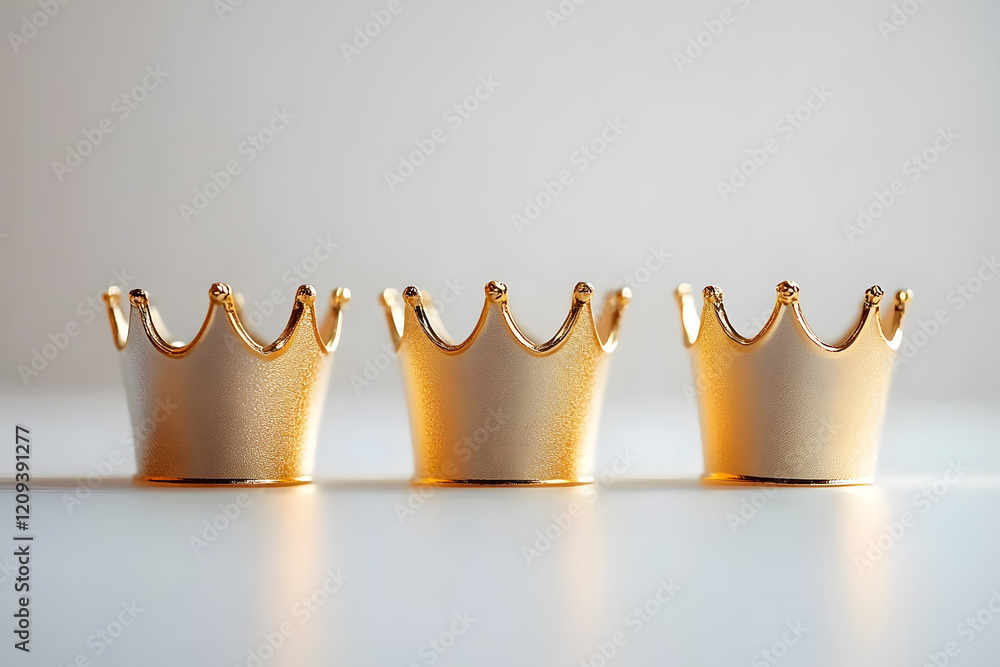 Poster minimalistic three small crowns in row each in shimmering gold positioned on white surface for three