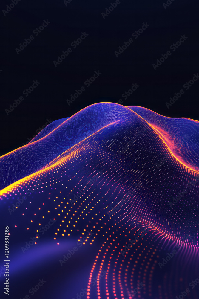 Poster a vibrant and dynamic purple dotted wave with neon glow effects, creating a mesmerizing flow against