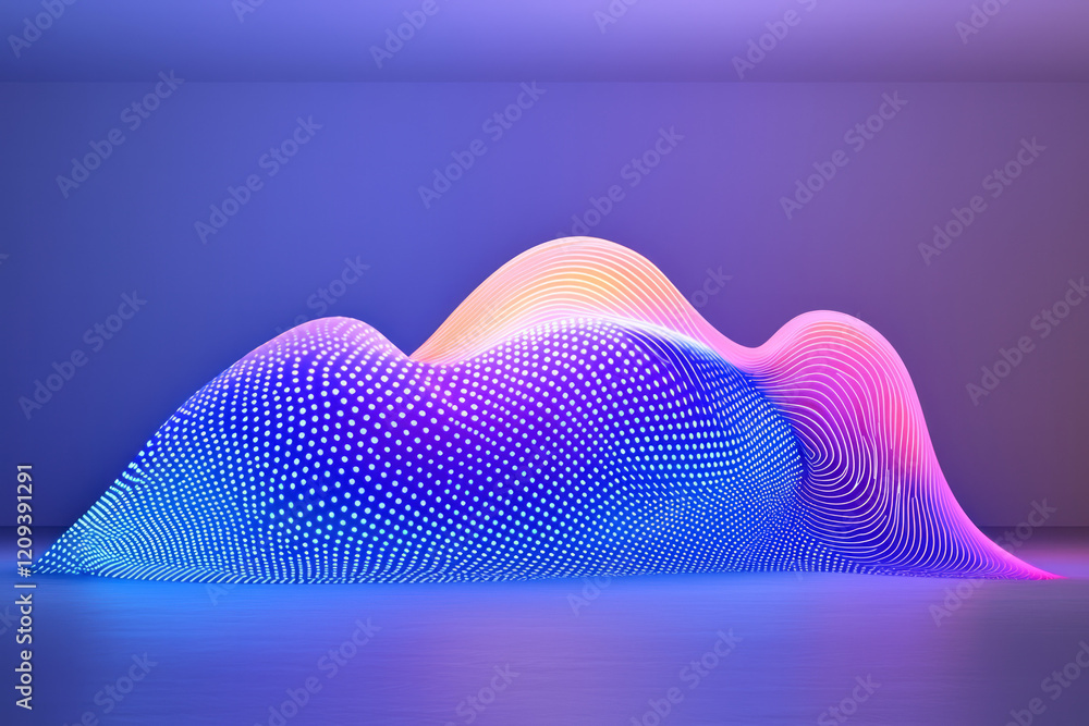 Poster an abstract scene featuring a dynamic wave of purple dots illuminated by neon lights, symbolizing en