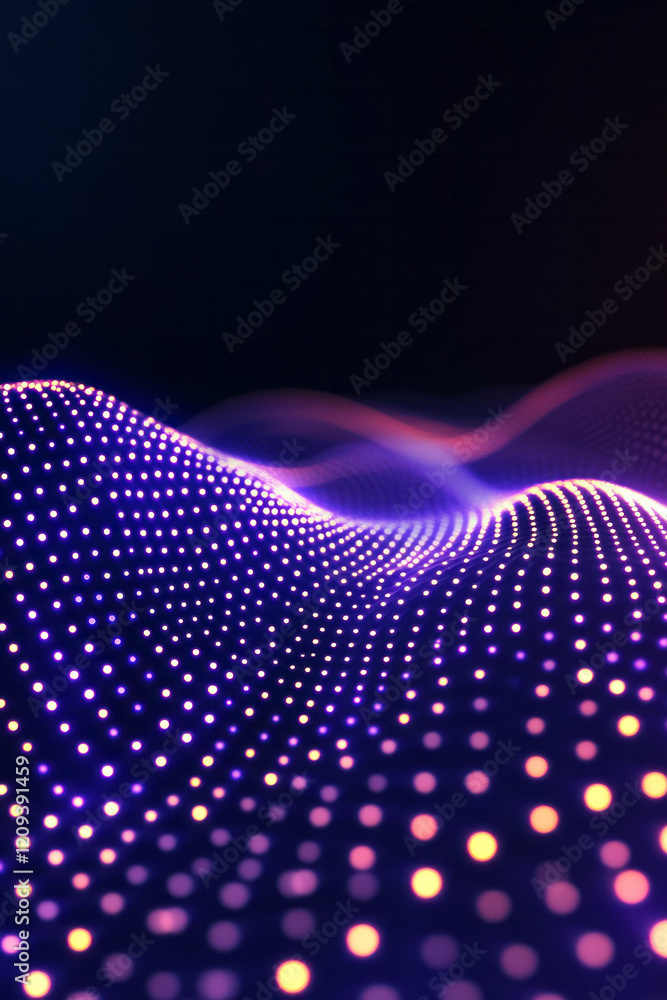 Poster a dynamic purple wave composed of glowing dots with neon highlights, creating an energetic and capti