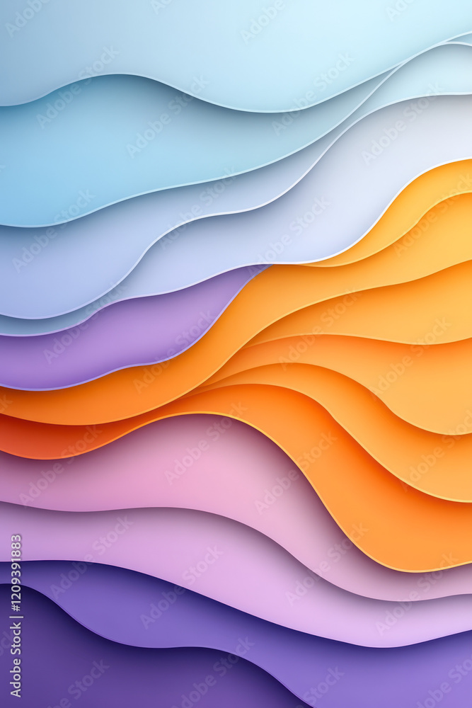 Poster an artistic abstract wavy background with layered purple and orange gradients, creating a rich and t
