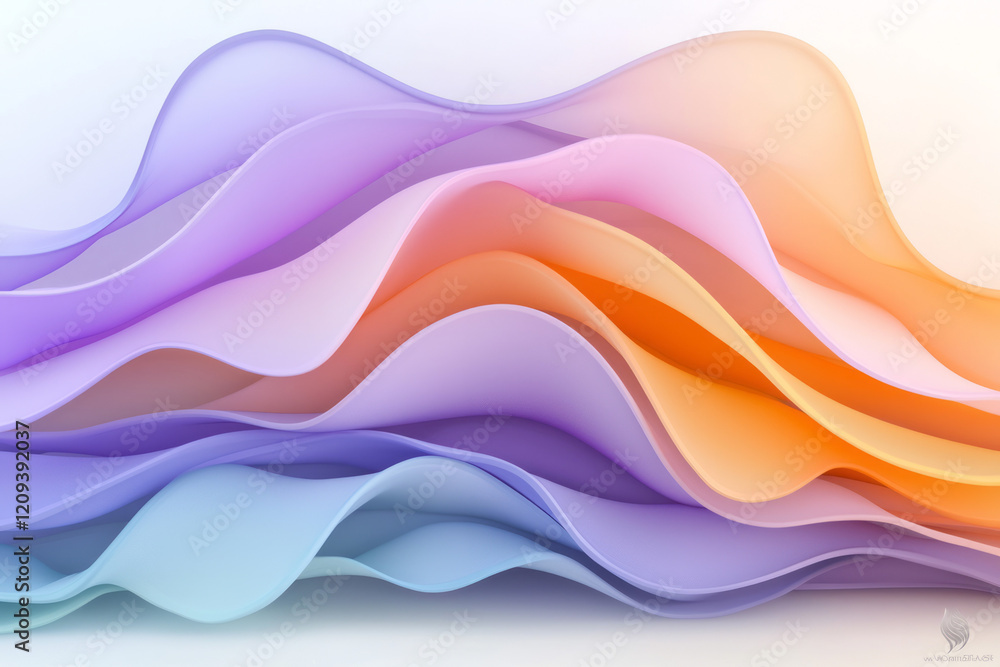 Poster a vibrant abstract composition of overlapping waves in gradient shades of purple and orange, symboli