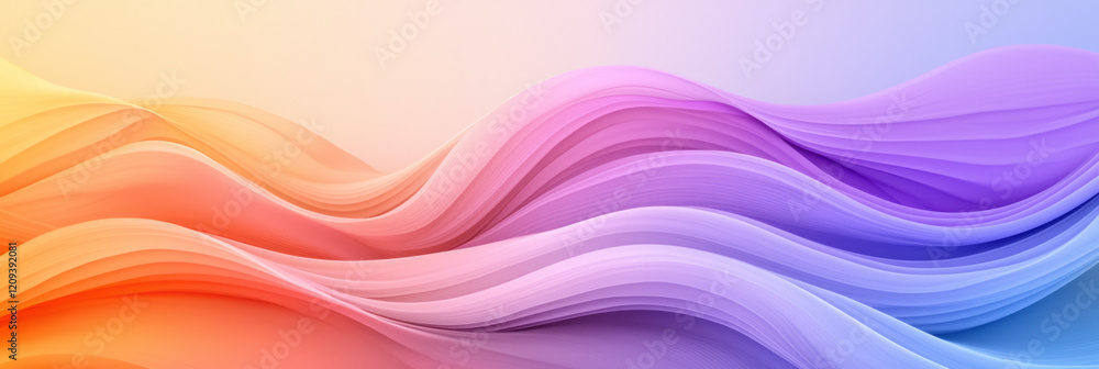 Poster a serene abstract wavy background featuring soft transitions between pastel purple and orange gradie