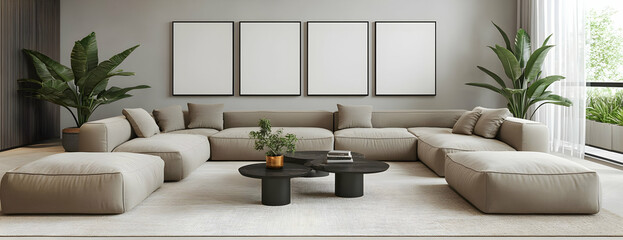 Modern sectional sofa in living room,  minimal decor, large windows, ad mockup