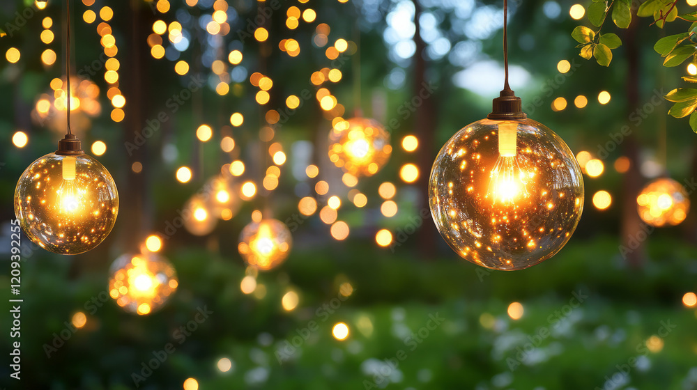 Aufkleber a serene outdoor setting adorned with golden bokeh lights hanging from green foliage, creating a fes