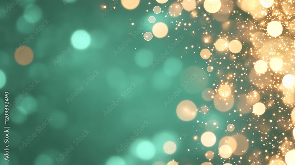 Poster an abstract design of golden bokeh lights shimmering against a vibrant green background, symbolizing