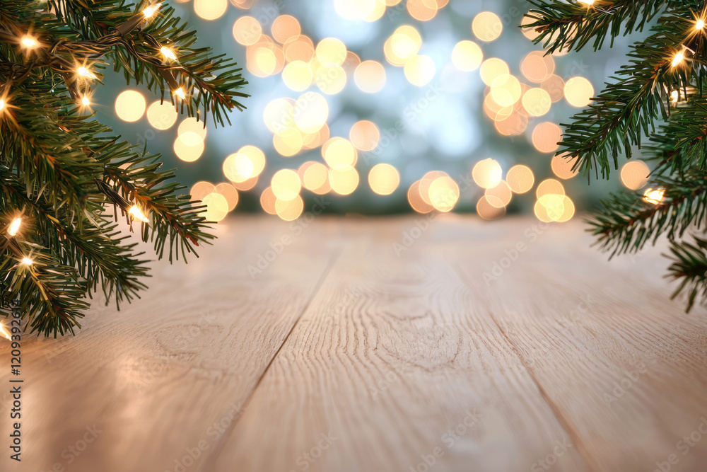 Poster a charming holiday setup with golden bokeh lights entwined in green garlands, creating a festive and