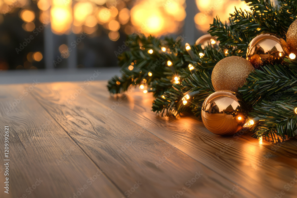 Poster a charming holiday setup with golden bokeh lights entwined in green garlands, creating a festive and