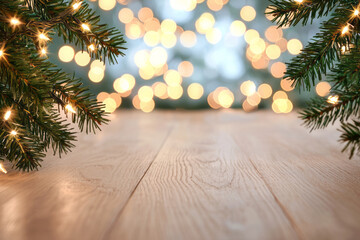 A charming holiday setup with golden bokeh lights entwined in green garlands, creating a festive and elegant decoration,