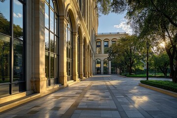 Obraz premium Sunset stroll, city building, paved path, trees