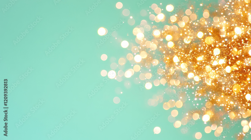 Poster An artistic composition of golden bokeh lights blending into a green gradient background, creating a harmonious and festive mood,