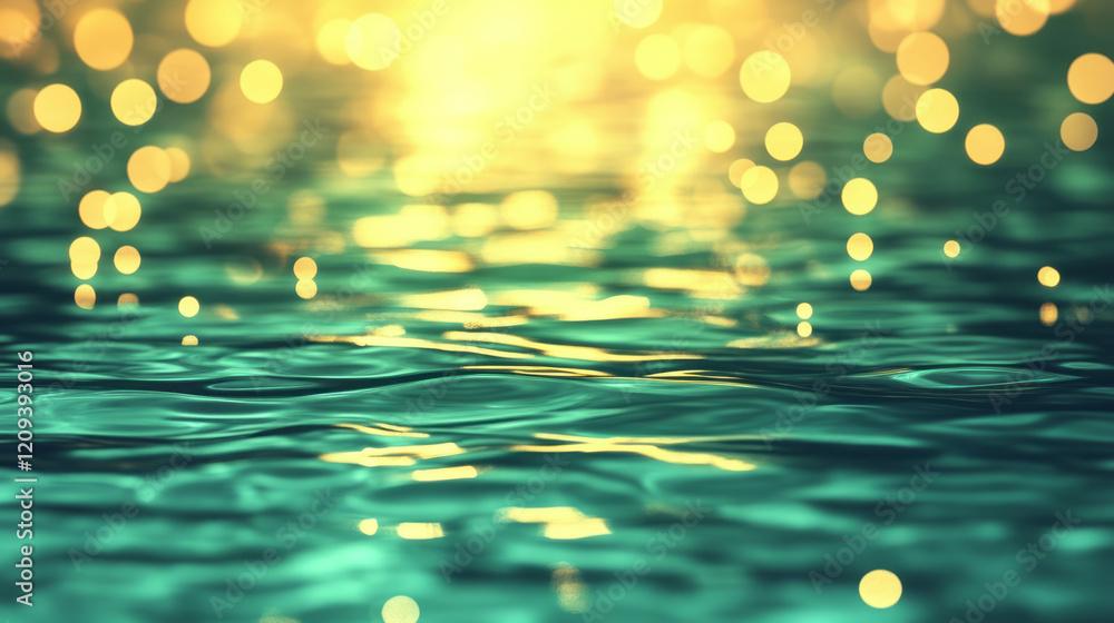 Poster a tranquil evening with golden bokeh lights reflecting on green water surfaces, creating a serene an
