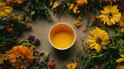 Vibrant Floral Arrangement with Herbal Tea Cup