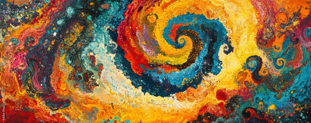 Poster a swirl of vibrant colors blending together, creating a mesmerizing pattern.
