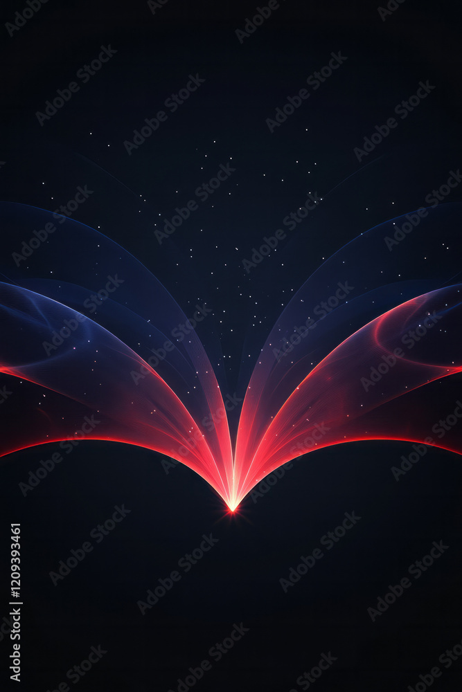 Poster an elegant red and blue abstract light pattern featuring symmetrical radiating lines against a dark 