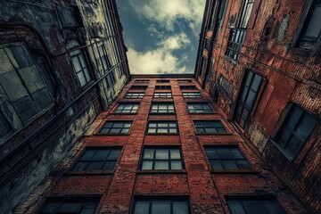 Urban decay Brick building courtyard, cloudy sky
