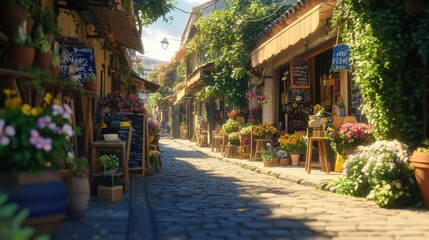 Fototapeta premium Charming cobblestone street lined with vibrant flower shops and greenery.