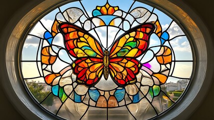 Stained Glass Window Depicting A Colorful Butterfly