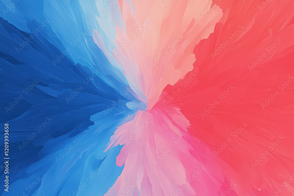 Poster A vibrant abstract radiating light pattern with bold red and blue hues emanating from a central point, creating a dynamic and energetic visual,