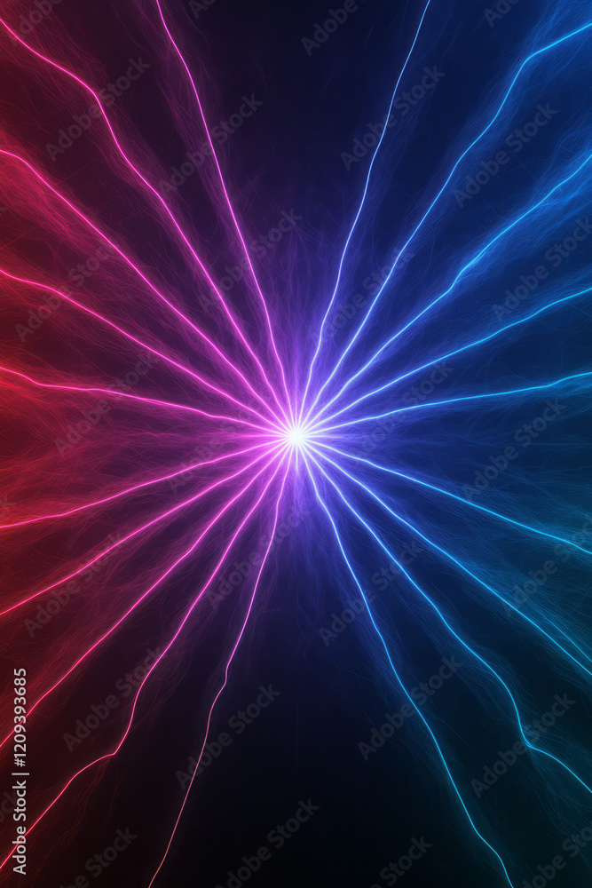 Fototapete An elegant red and blue abstract light pattern featuring symmetrical radiating lines against a dark background, emphasizing balance and harmony,