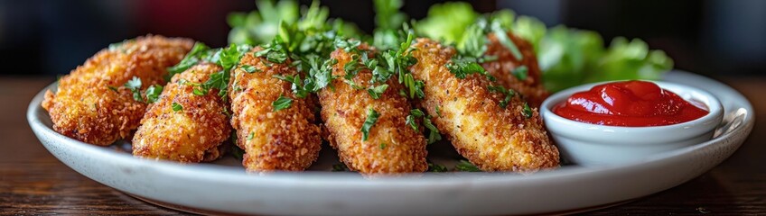  "Crispy Chicken Nuggets with Ketchup on Wooden Table: A Tempting Dark Background Delight"