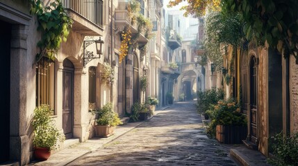 Fototapeta premium Charming cobblestone street lined with lush greenery and historic architecture.
