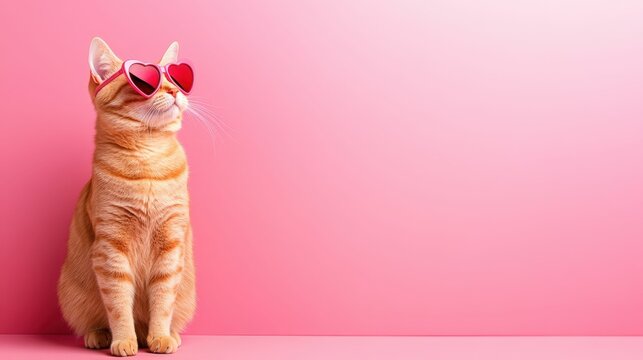Stylish cat in heart shaped sunglasses on vibrant pink background