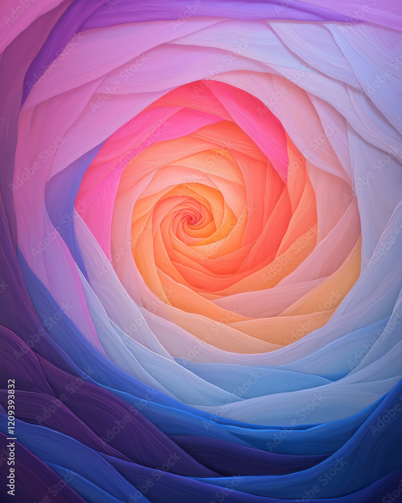 Poster an abstract radiating light pattern with vibrant red and blue streaks flowing outward in a spiral fo