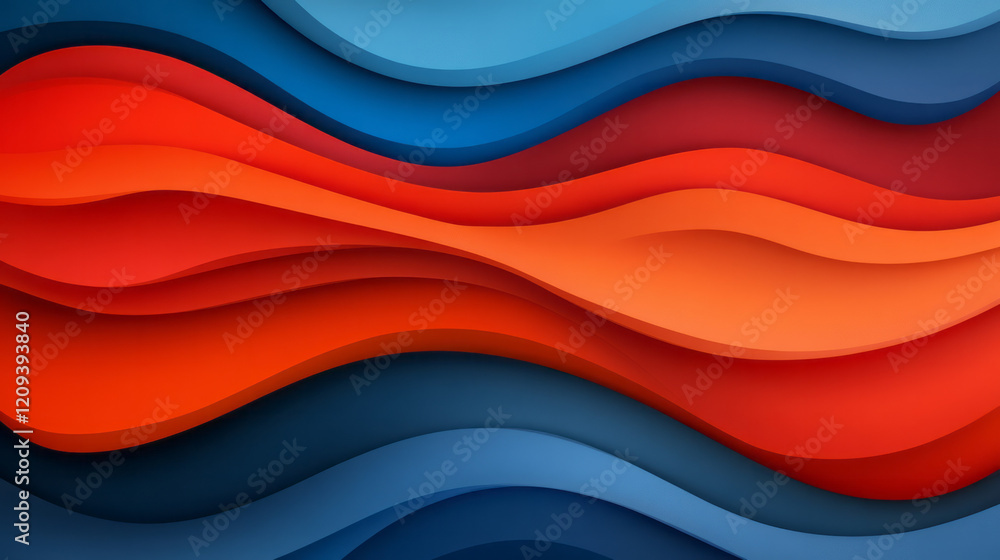 Poster A dynamic abstract design featuring red and blue radiating waves intersecting and blending seamlessly, creating a captivating pattern,