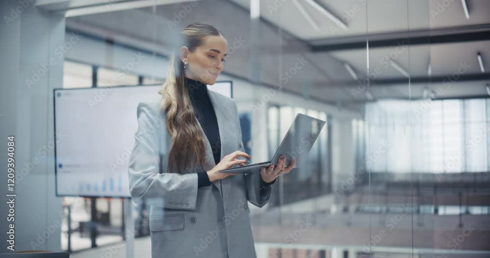 Aufkleber creative caucasian woman designing a new marketing campaign on laptop computer. young marketing mana