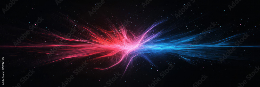 Poster a striking abstract design with vibrant red and blue radiating light patterns forming intricate geom