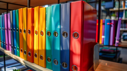 Multicolored new segregator folders stand on a shelf in a modern office