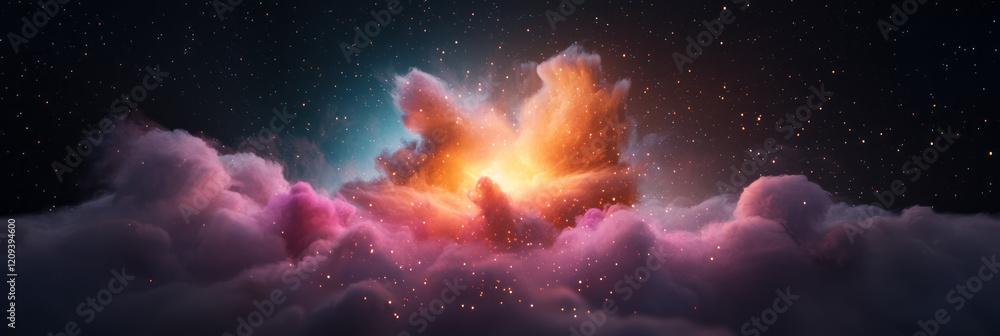 Poster a mesmerizing display of colorful light particles emanating from a central point in an ethereal, abs