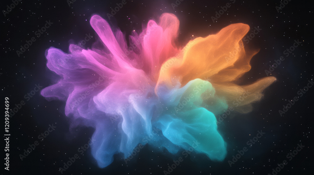 Poster a stunning abstract artwork with a colorful burst of light particles creating intricate patterns aga