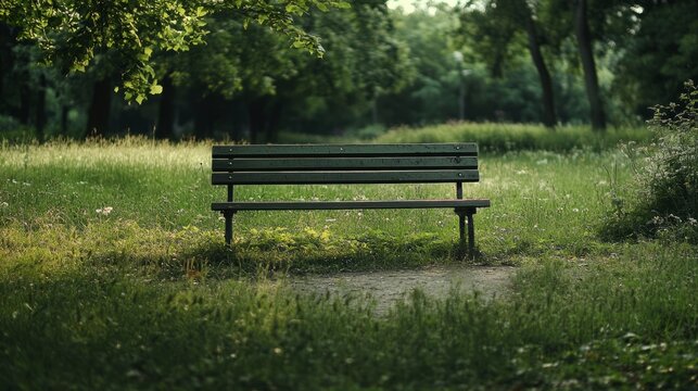 A green bench sits alone in a serene park field, surrounded by tall grass and trees, inviting visitors for quiet moments in nature on a sunny afternoon