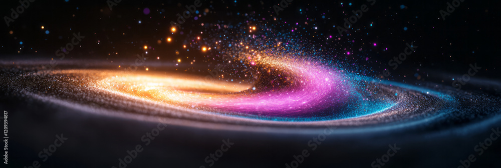Poster a mesmerizing display of colorful light particles emanating from a central point in an ethereal, abs