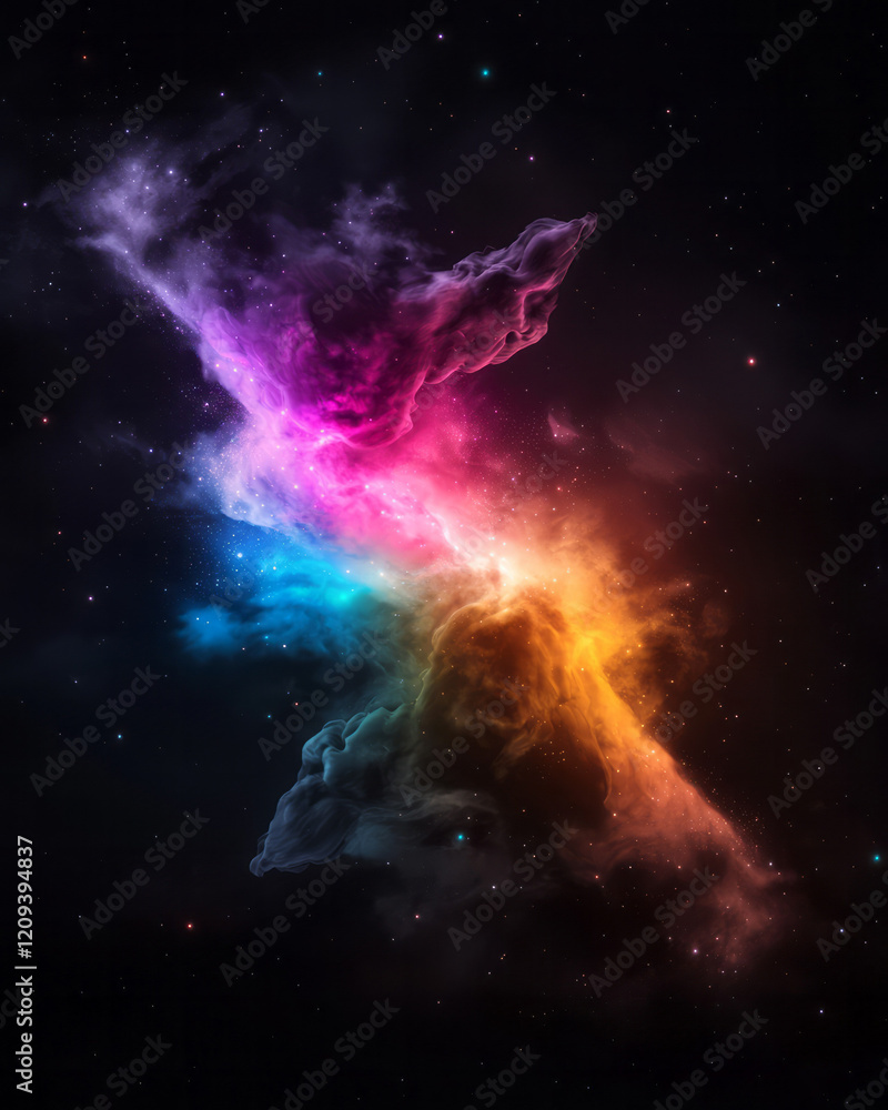 Poster an elegant explosion of vibrant light particles in various hues, spreading outwards in a smooth, abs